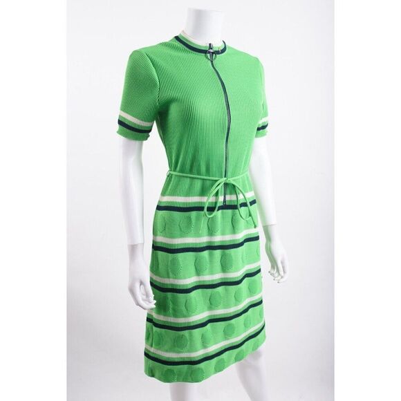 James Kenrob By Dalton Womens Knit Ribbed Dress Sz 8 Green Navy Blue Polka dot - Picture 2 of 6